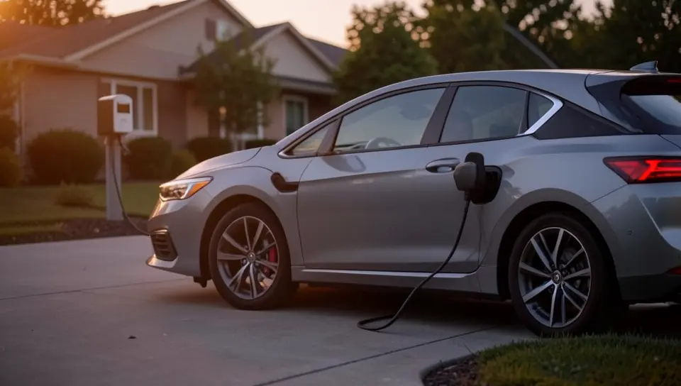 Electric car charging in a home driveway at dusk