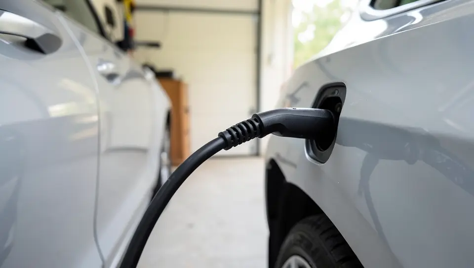 Level 2 charging cable plugged into an electric car charging port in a home garage