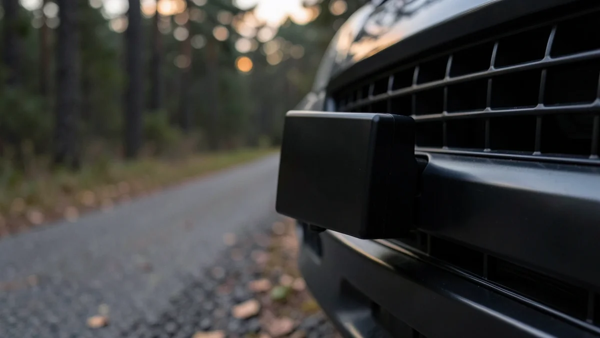 Small electronic deer whistle device with wire mounted near a car's front grille on a rural forest road at dusk