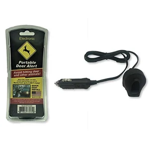 Portable electronic deer alert device with 12-volt car power adapter plug, retail packaging