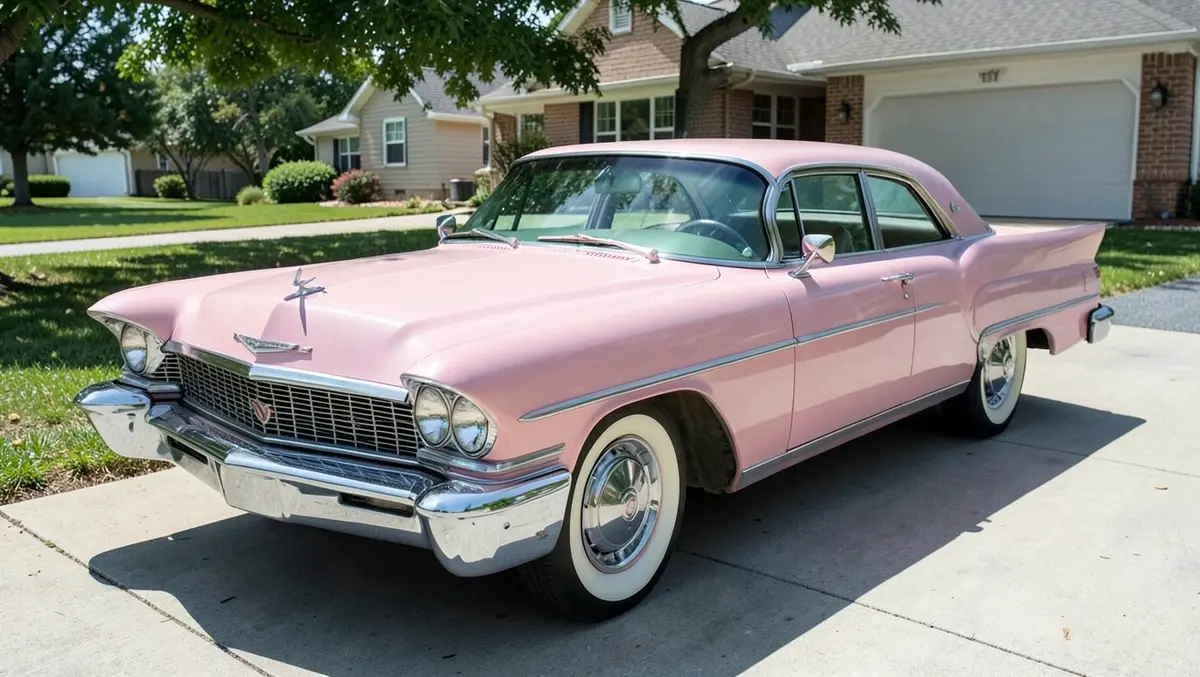 A pink 1950s Cadillac sedan parked in a driveway, similar in style to Elvis Presley's famous 1955 Pink Cadillac Fleetwood