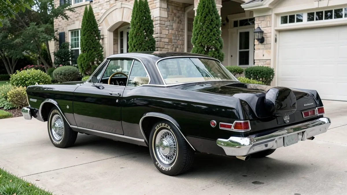 A black 1970s luxury coupe with a distinctive rear spare-tire hump, in the style of Elvis Presley's Stutz Blackhawk