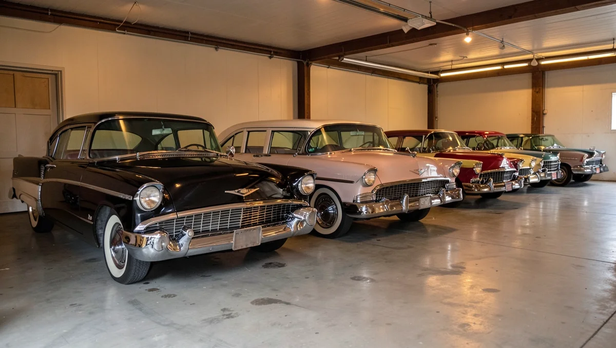 A private garage collection of classic 1950s and 1960s American cars parked side by side