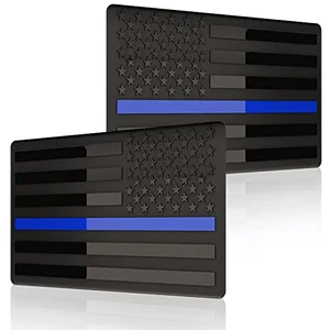 Embossed 3D metal thin blue line American flag emblem decal pair, matte black