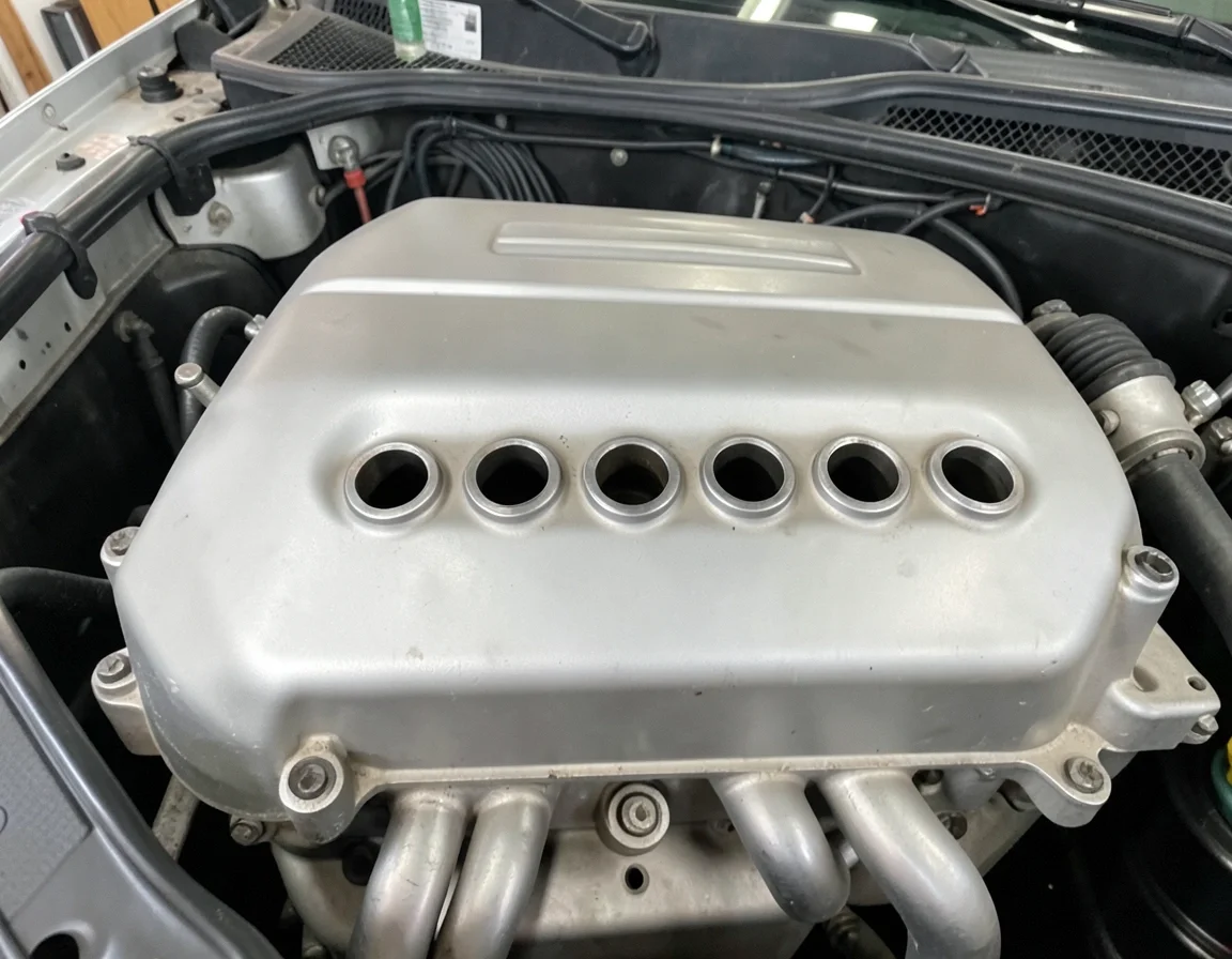 Engine cylinder head showing six spark plug well openings, one per cylinder