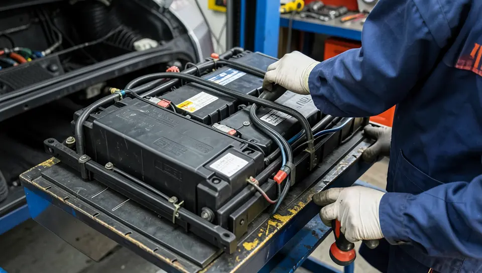 Technician inspecting an electric vehicle battery pack removed from a car on a workshop lift