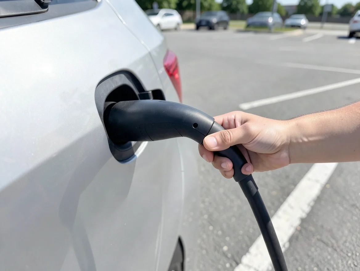 Close-up of an EV charging connector plugged into a car charging port