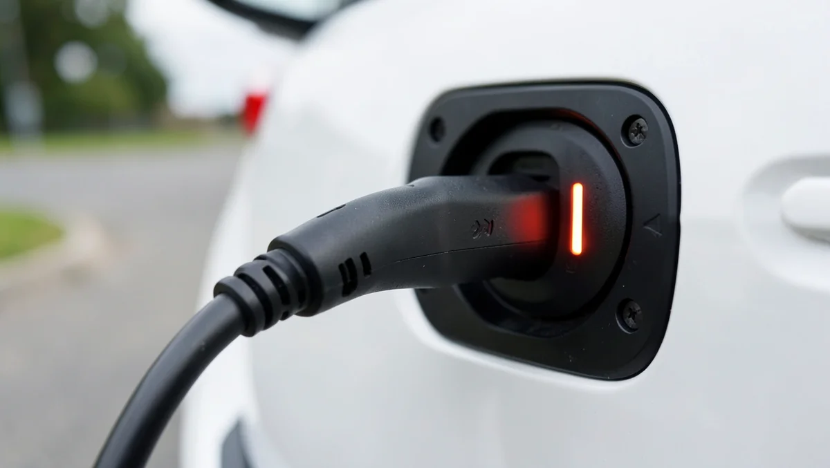 Close-up of an electric vehicle charging port with the connector plugged in and the charge indicator light on