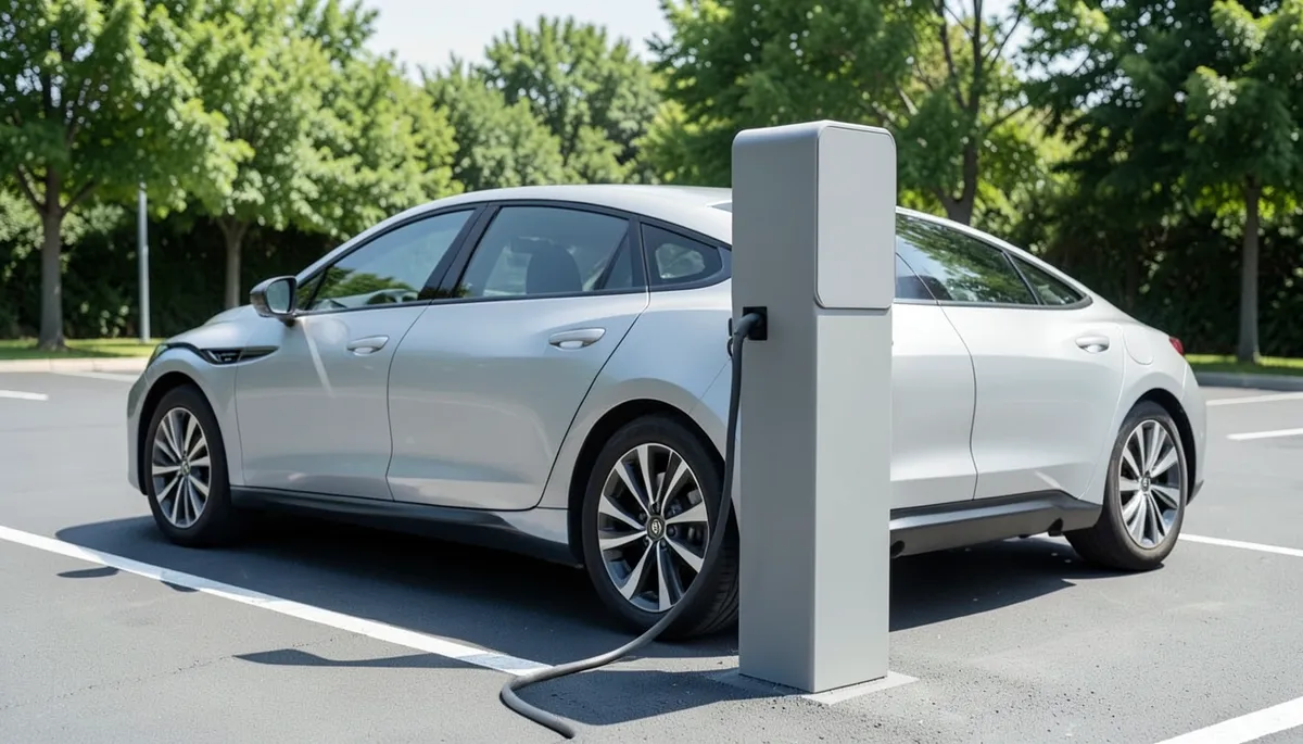 Electric car plugged into a public charging station in a parking lot