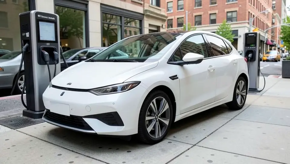 Electric vehicle plugged into a public charging station on a US city street