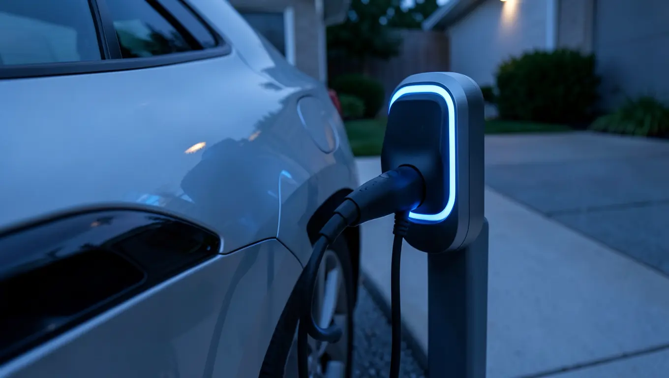 Electric car plugged into a home charging station at dusk