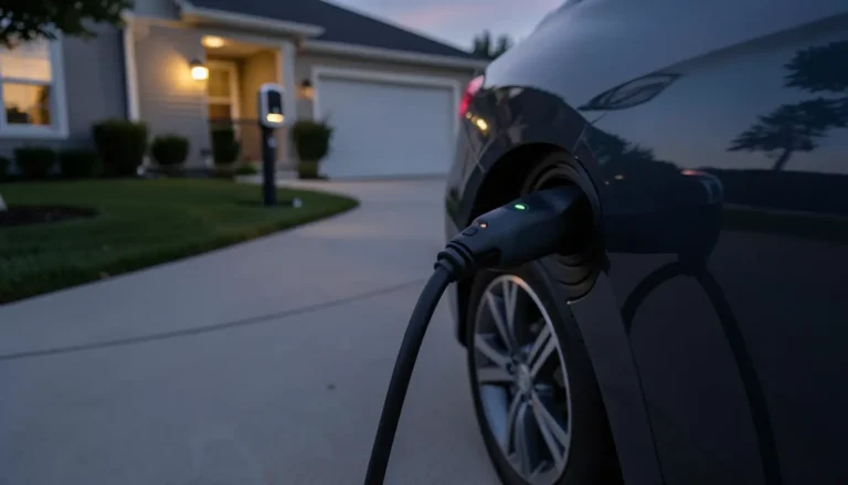 Electric car plugged into a home Level 2 charging station in a driveway at dusk