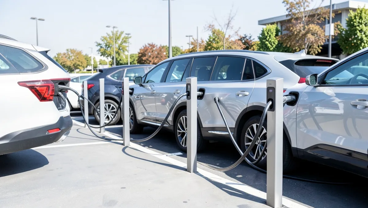 Several electric vehicles parked and charging at public EV charging bollards in a parking lot