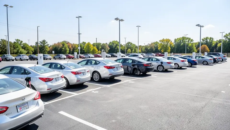 Row of electric cars charging at a public charging station in a parking lot