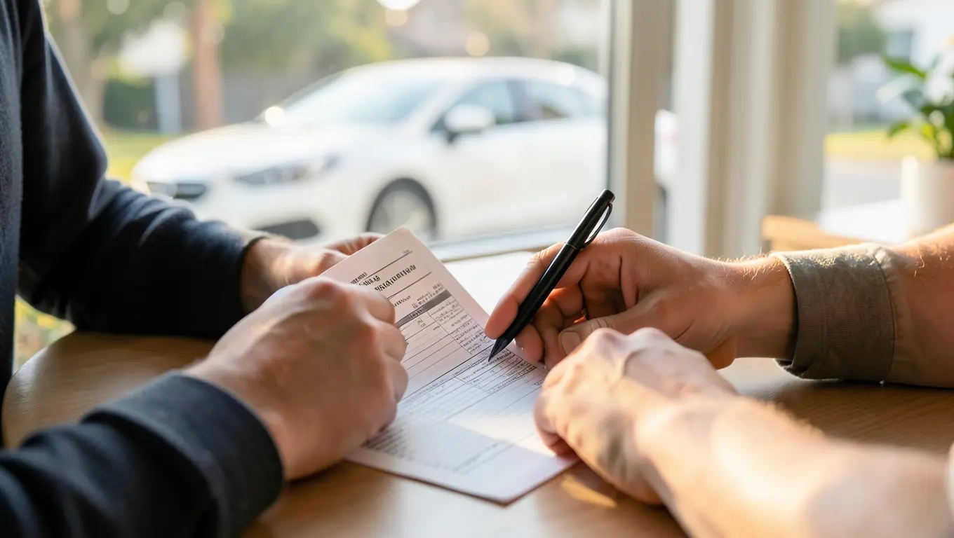 Buyer reviewing paperwork with a car parked outside, symbolizing the end of the federal EV tax credit