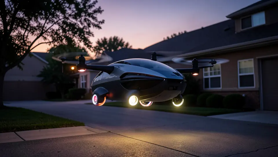 Compact electric VTOL flying car hovering above a driveway at dusk