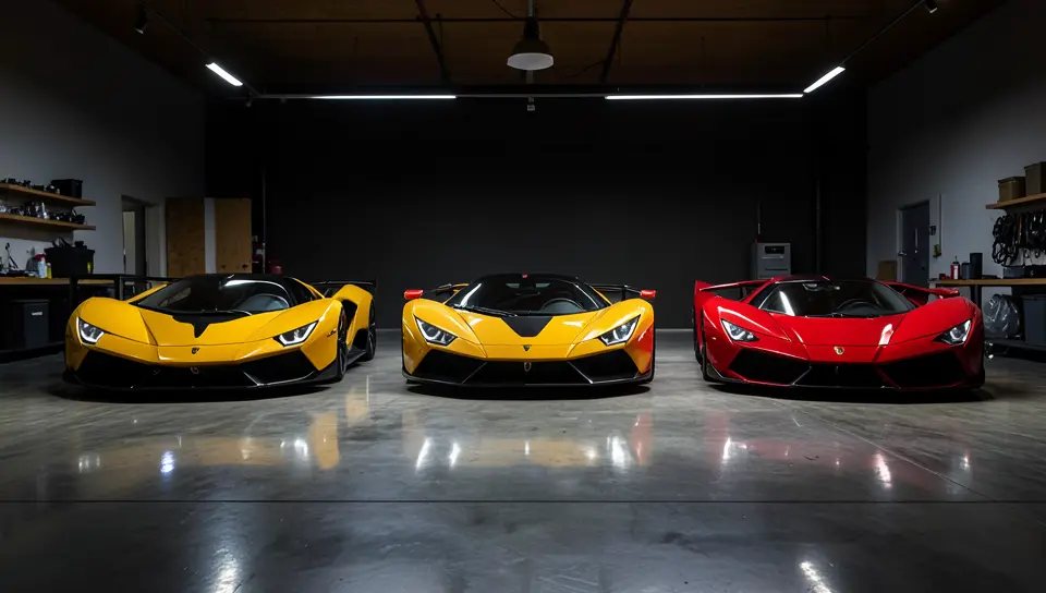 Lineup of exotic hypercars in a private collector garage