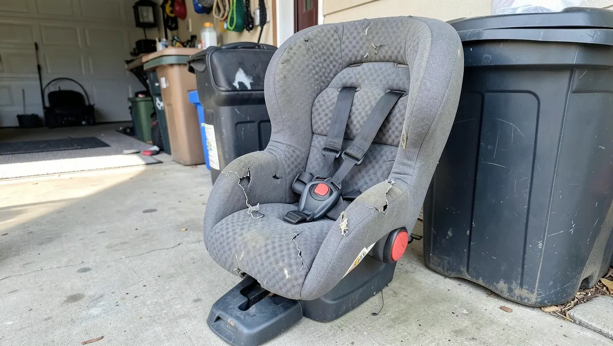 Worn out car seat with cracked padding and frayed straps ready for disposal after reaching its expiration date