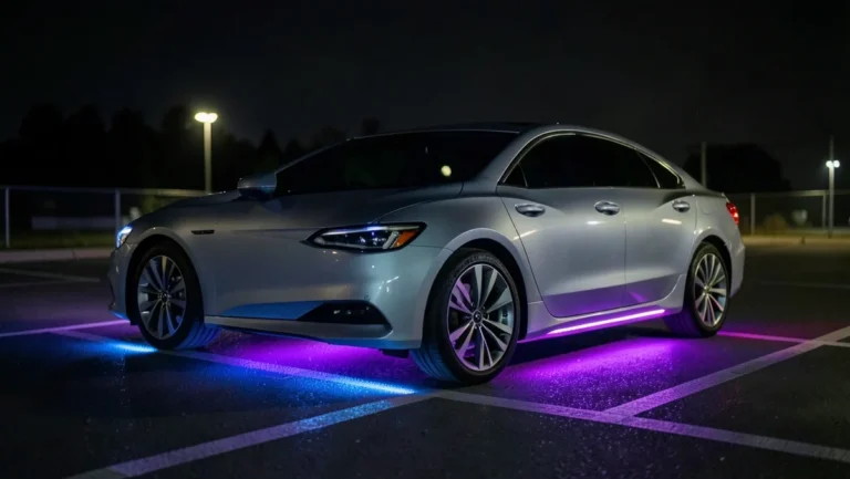 Silver sedan at night with purple and blue LED underglow light strips illuminating the pavement beneath the car