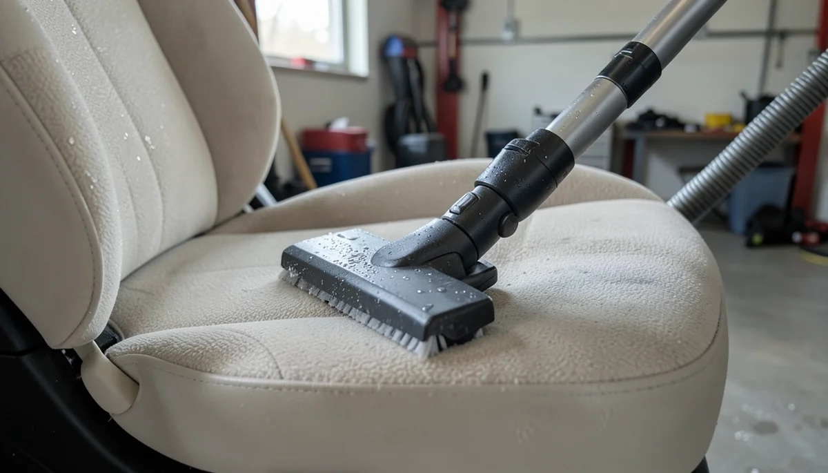 Wet/dry extractor vacuum wand cleaning water and cleaning solution out of a beige car seat cushion in a home garage