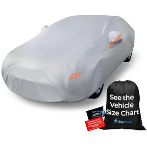 EzyShade 10-Layer waterproof all-weather car cover with storage bag and vehicle size chart