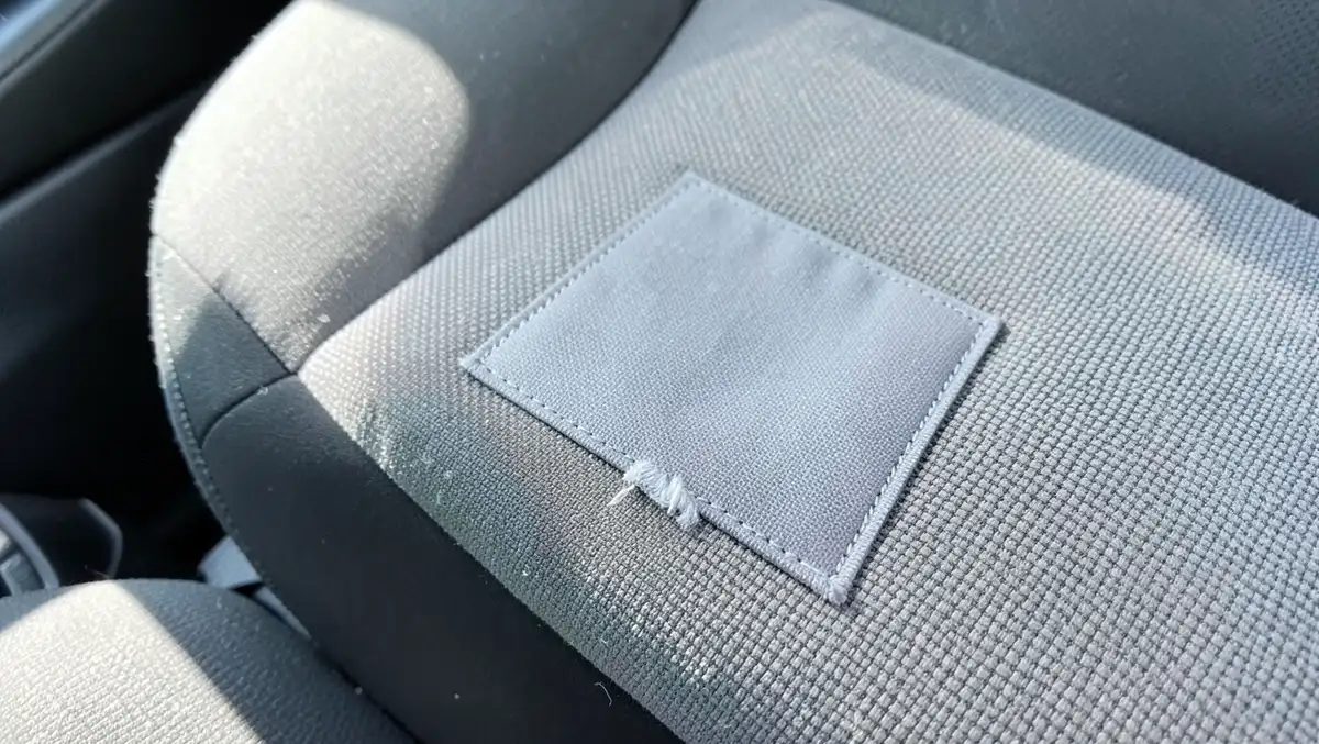 Square fabric patch stitched onto a gray car seat cushion covering a small tear