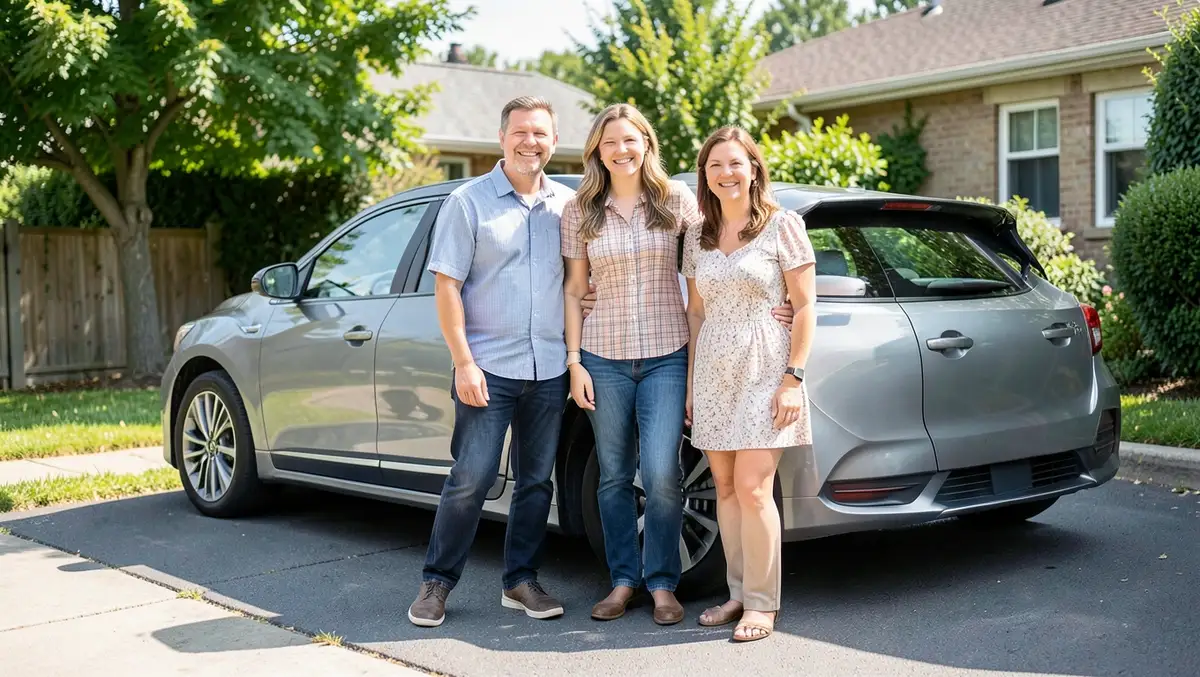 Family standing next to their car after choosing a new insurance policy
