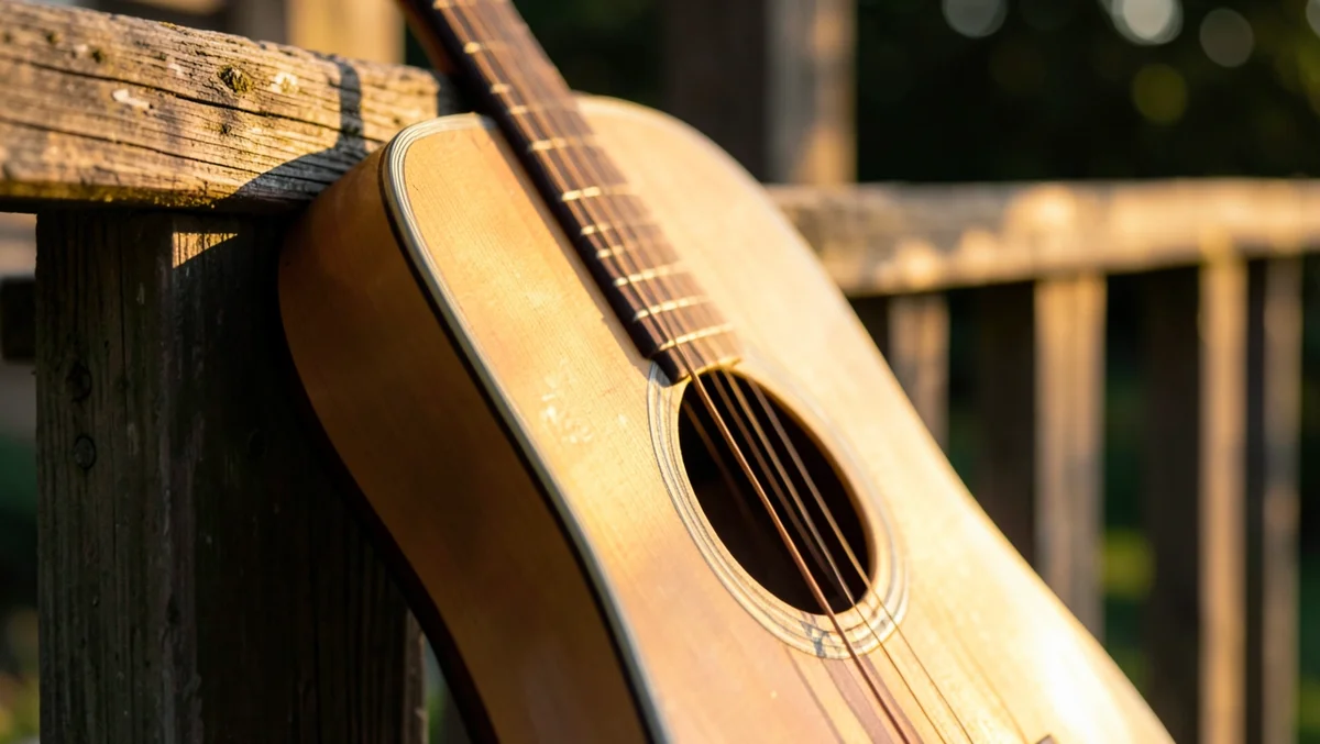 An acoustic guitar rests on a porch railing at golden hour, evoking the folk singer-songwriter tradition Fast Car belongs to
