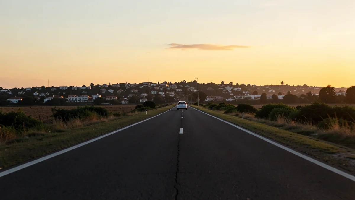 A car heads down a straight highway toward a distant town at dusk, symbolizing the search for a fresh start