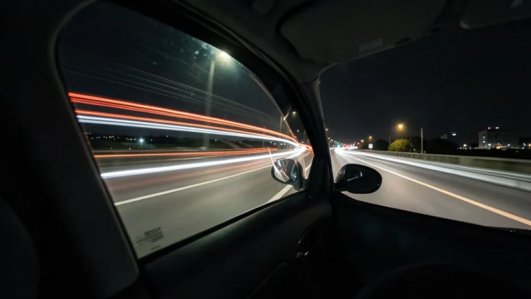 Light trails streak past a car window at night, evoking the sense of speed and escape in Fast Car
