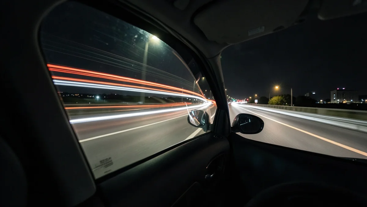 Light trails streak past a car window at night, evoking the sense of speed and escape in Fast Car