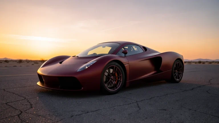 Unbranded American-style hypercar on an empty desert airstrip at sunset, representing a top-speed record run