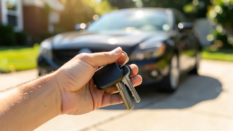 Hand holding car keys in front of a paid-off car parked in a sunny driveway