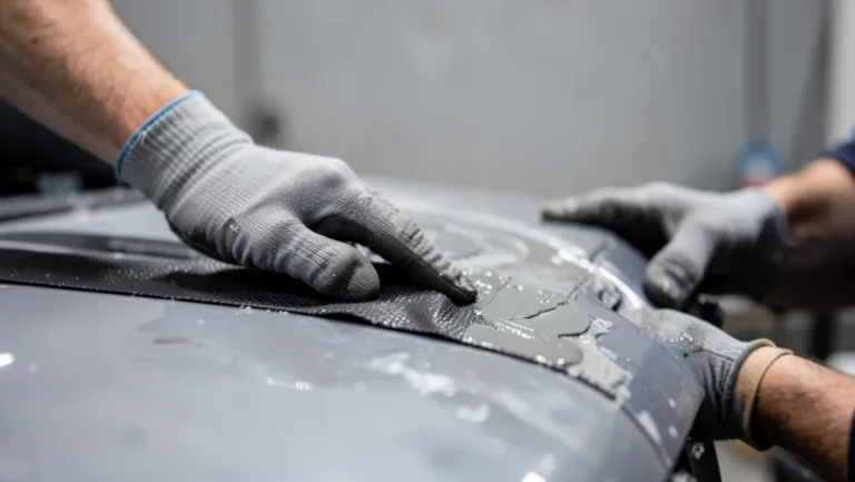 Gloved hands applying wet fiberglass cloth and resin to a car body panel during repair
