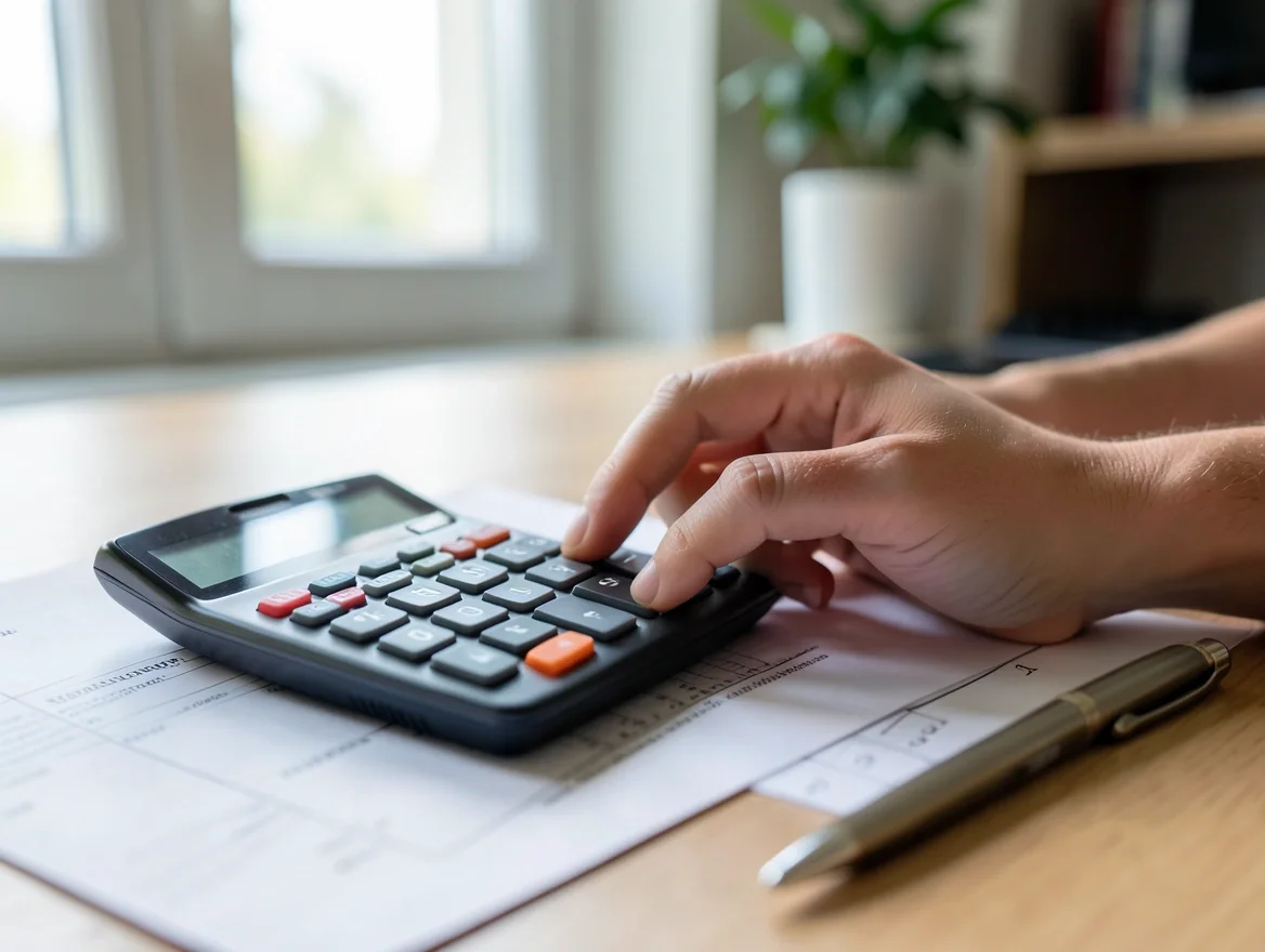 Person calculating car loan interest and finance charges with a calculator and loan statement