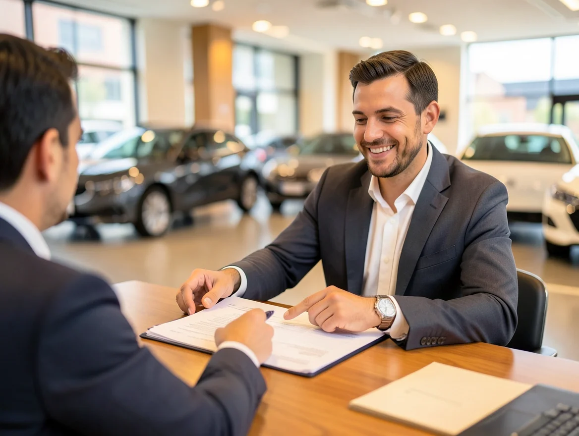 Finance manager reviewing car loan paperwork with a customer at a dealership desk