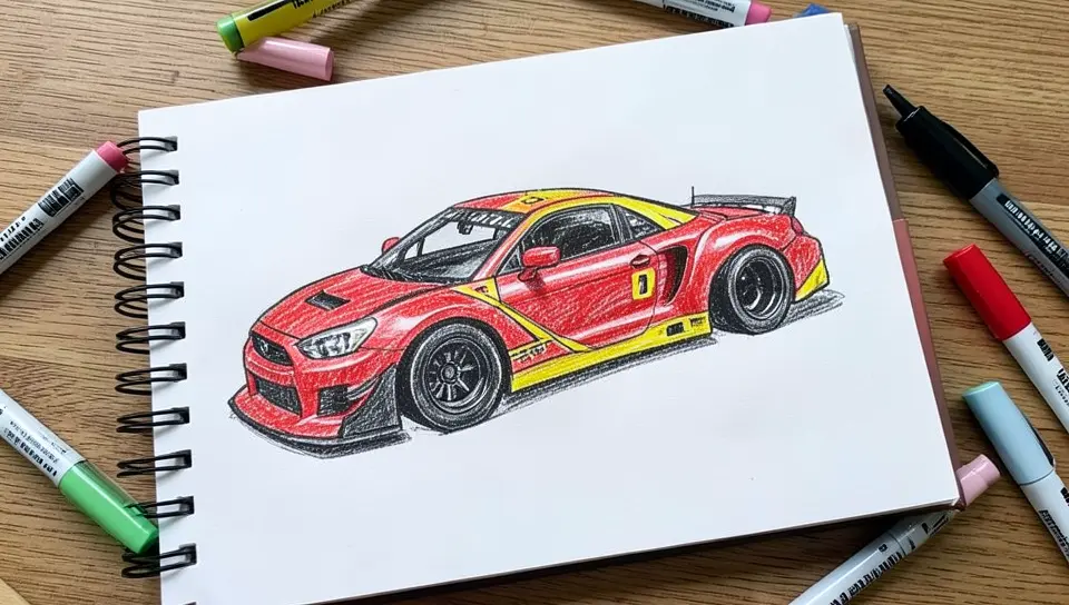 Finished colored marker drawing of a race car in red and yellow
