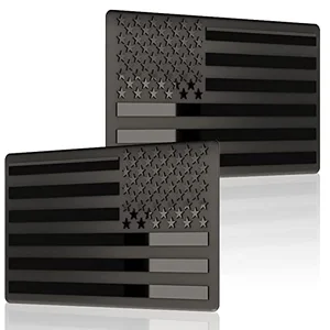 Embossed 3D metal-look matte black American flag emblem decal pair for cars and trucks