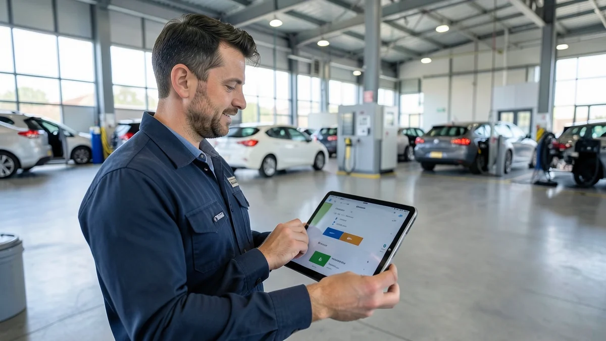 Fleet manager reviewing vehicle data on a tablet inside an EV charging depot