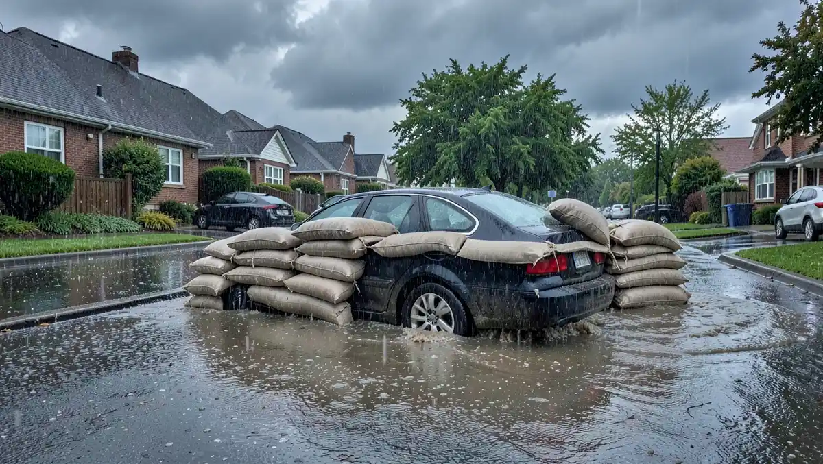 Sandbags stacked around a parked sedan during a flood warning to divert rising water