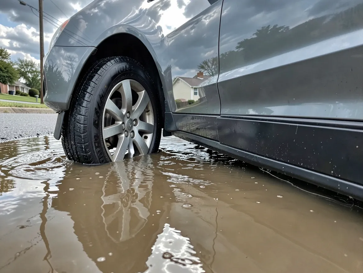 Floodwater rising to the wheel and door sill of a parked car on a residential street