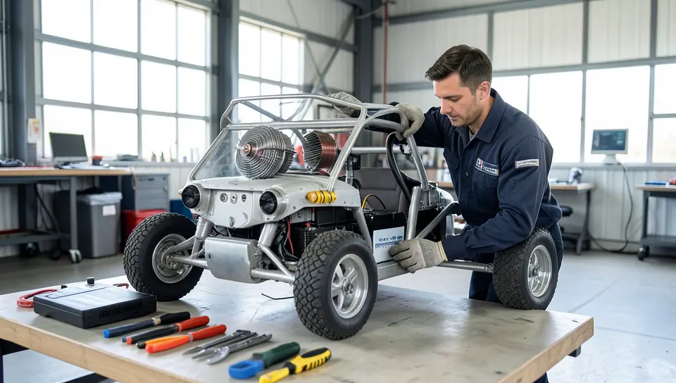 Engineer inspecting the electric rotor and battery assembly of a flying car prototype in a hangar workshop