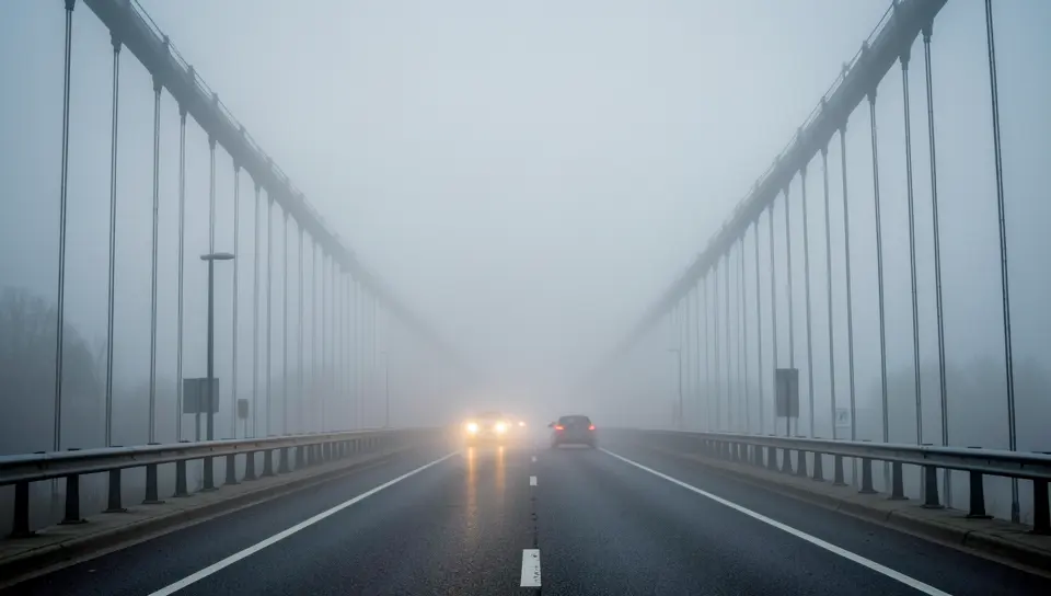 Dense fog reducing visibility for cars driving across a suspension bridge