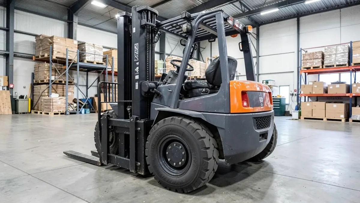 Warehouse forklift fitted with thick solid rubber tires for low-speed indoor use