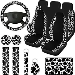Frienda 13-piece mixed cow print car seat cover set with steering wheel cover and seat belt pads