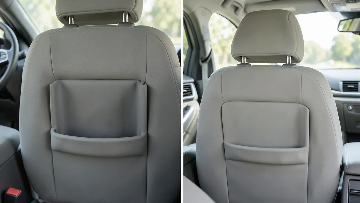 Comparison of a front seat back pocket organizer and a back seat headrest organizer in a car
