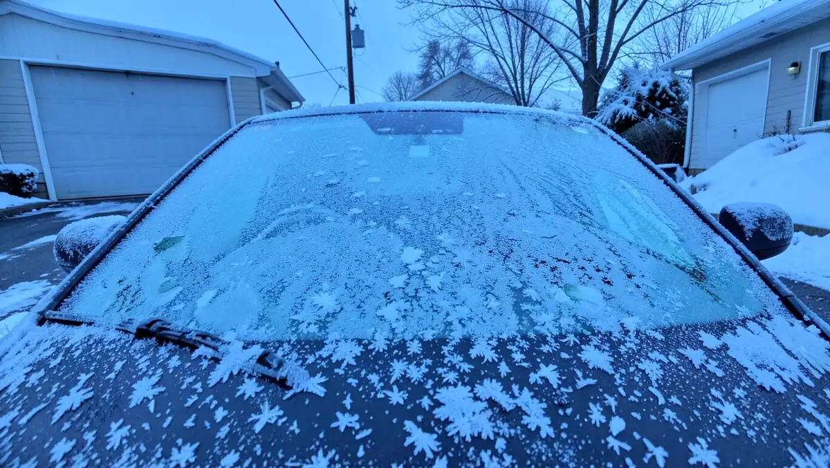 Car windshield completely covered in a thick layer of frost and ice crystals in a driveway
