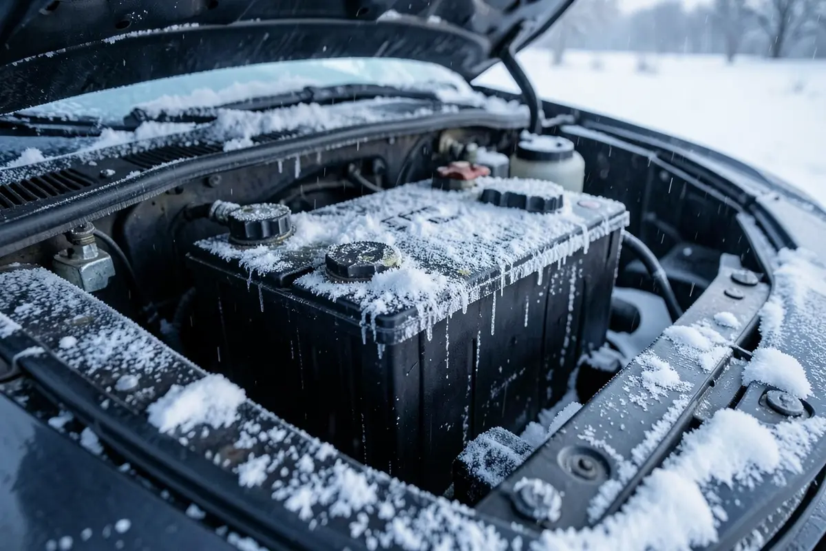 Car battery under the hood covered in frost and snow during a cold winter morning