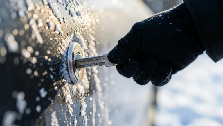 Gloved hand inserting a car key into a frost-covered car door lock cylinder