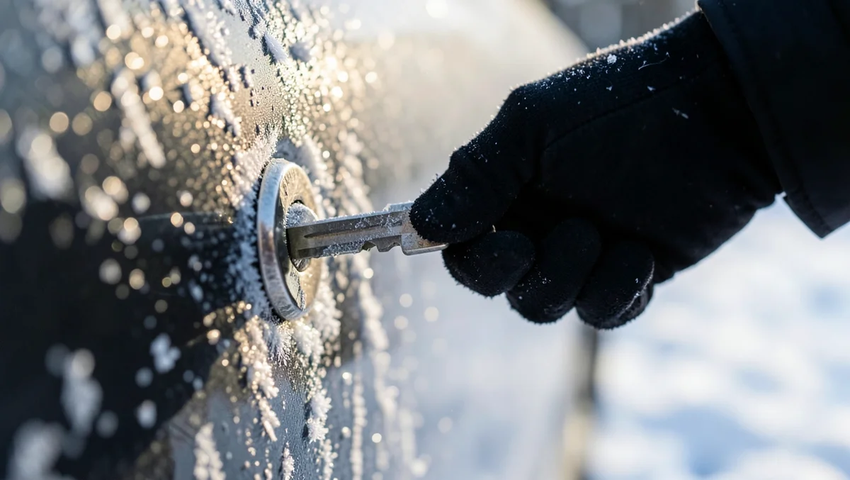 Gloved hand inserting a car key into a frost-covered car door lock cylinder